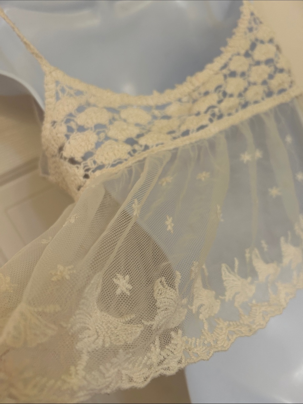 Boho Chic Crochet Knit & Embroidered Star Mesh Babydoll Cami Top Cream/Ivory SM - Picture 11 of 11